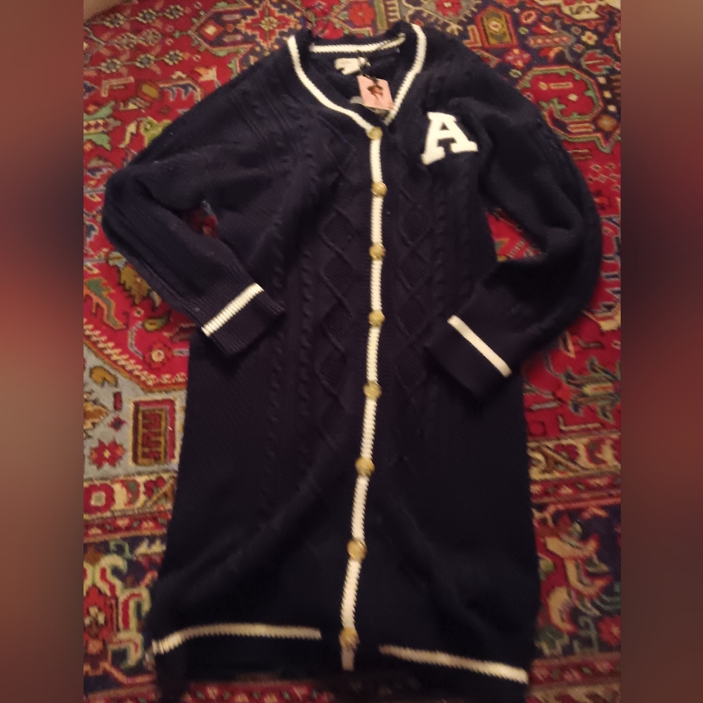 Navy  Cardigan Dress with White Trim and Letter A